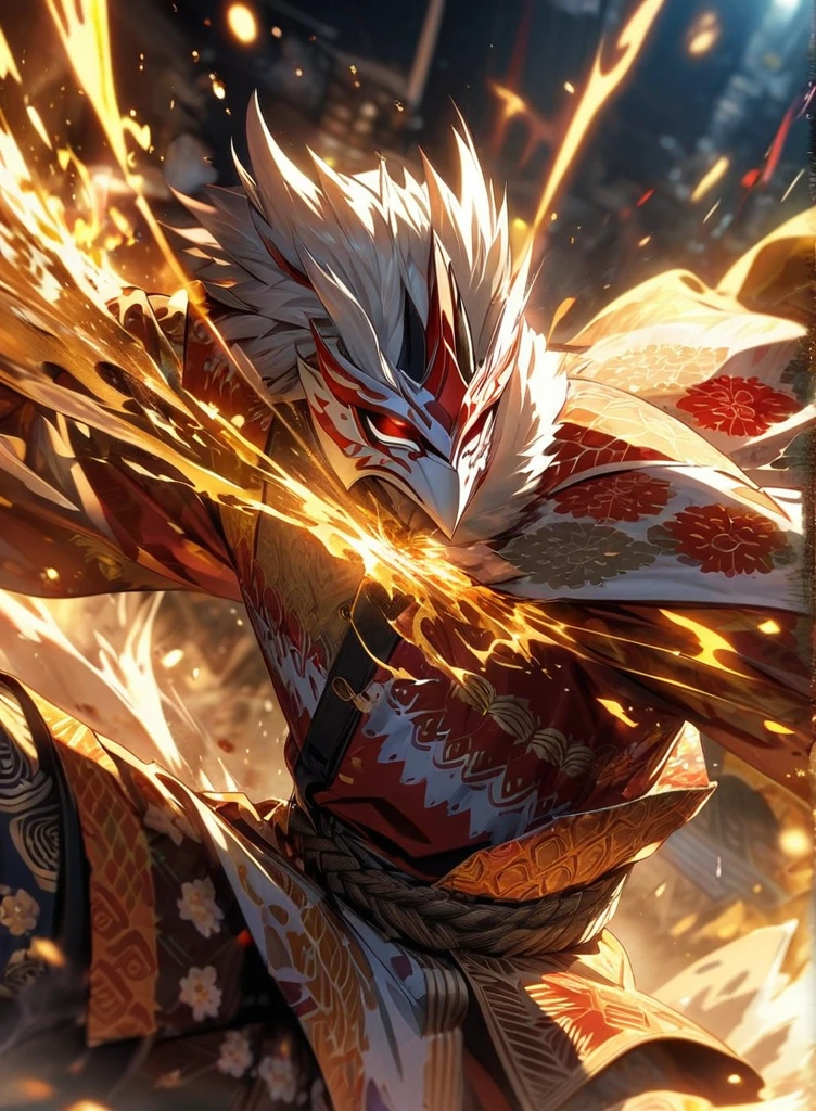 ,absurdres, highres, ultra detailed, HDR, masterpiece, extremely detailed face and eyes,Indonesian Super Hero costume,,red and white Garuda costume, Garuda eagle mask, , Indonesia batik pattern , solo, man, handsome, ,, , Epic fight scene, golden splashing effect, golden effect,glowing glitters