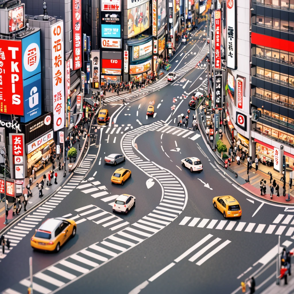 tilt-shift photography,(masterpiece, top quality, best quality),(ultra-detailed, absolutely resolution),((16k, high res)). Tokyo Shibuya street