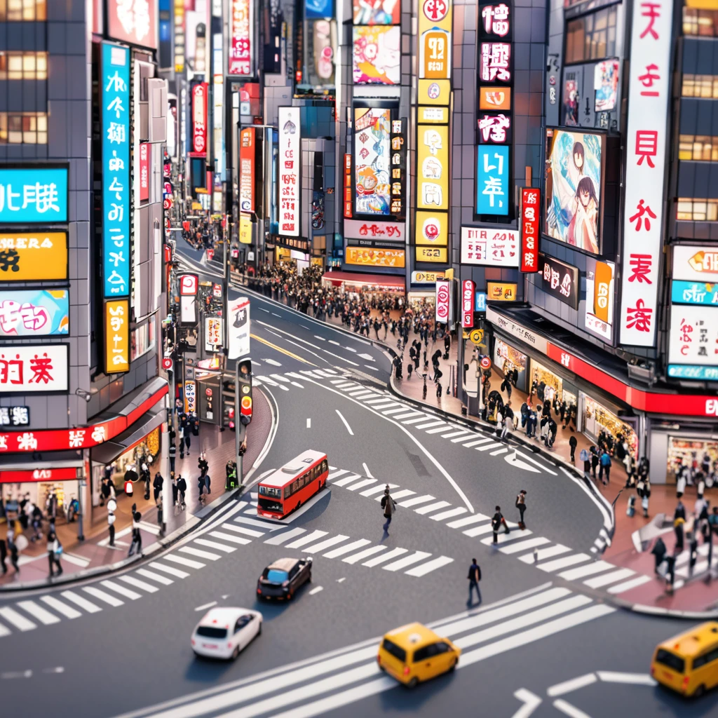 tilt-shift photography,(masterpiece, top quality, best quality),(ultra-detailed, absolutely resolution),((16k, high res)). Tokyo Shibuya street