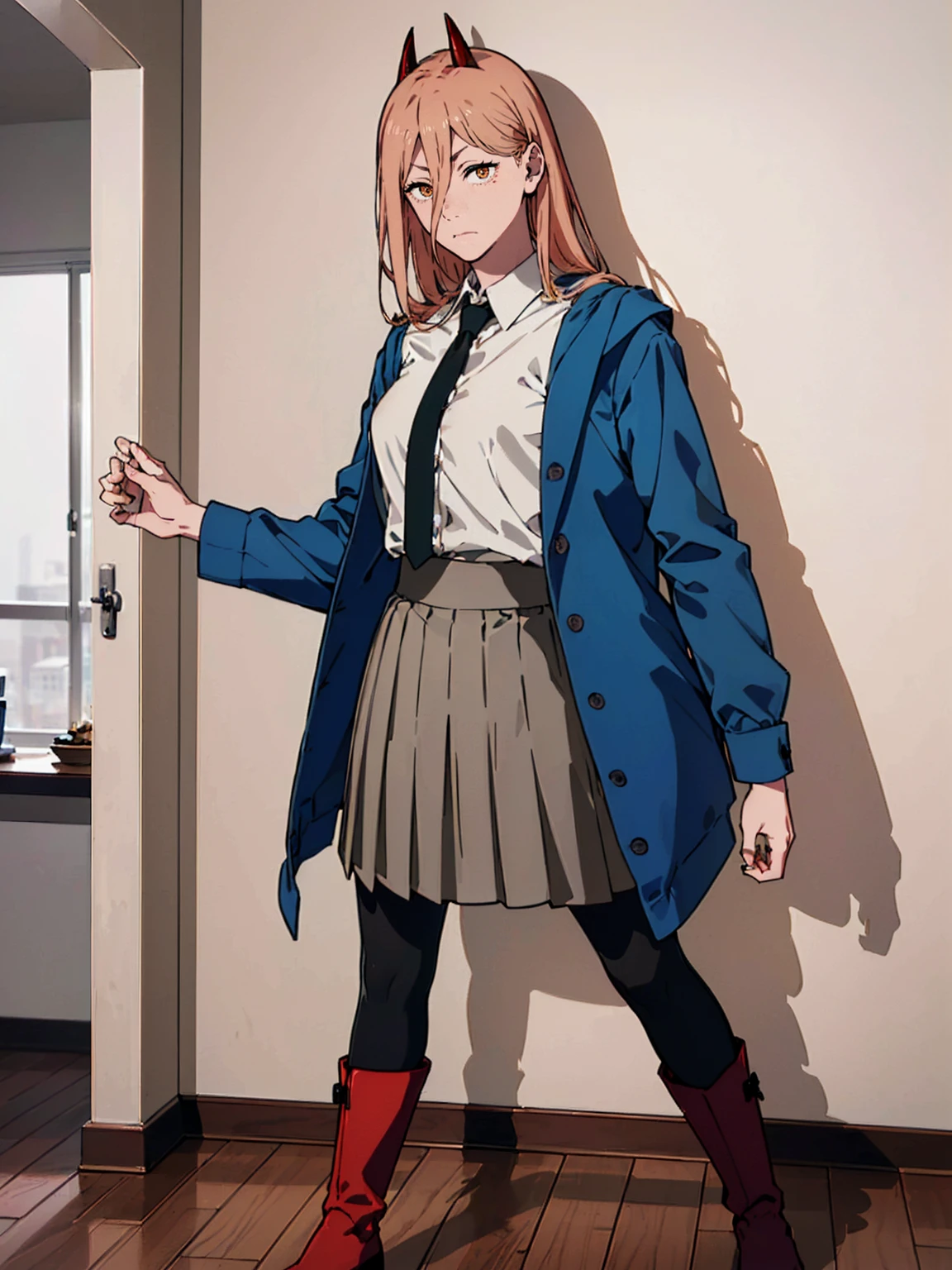 ((Grey pleated skirt, Grey open-collar suit jacket:1.5, Holding handcuffs, Black long boots)), masterpiece，Red Corner, ((Red Corner)), full body, (masterpiece, Highest quality, 8k, 1people, 完全なバランスのpeople体, Official Art、highest quality、Unity 8k wallpaper、32k、masterpiece、Ultra-detailed、high resolution、Realistic、Photorealistic:1.2), (Yellow Eyes, Cruciform pupil, Pupil in the shape of a symbol), ((１people:1.9)), ((１people:1.9)),Contrapposto, 