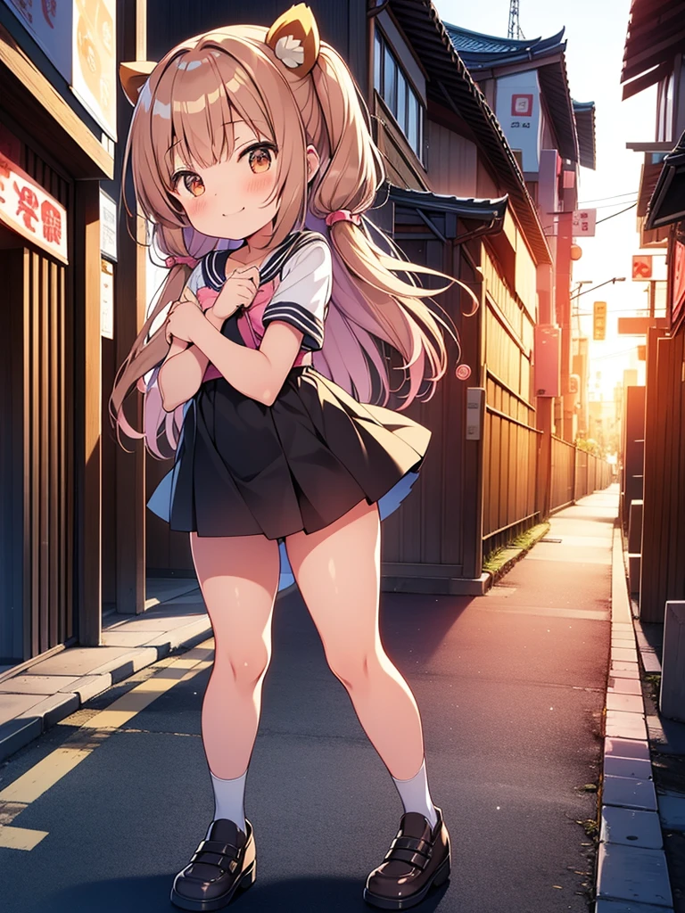 tanuki girl, tanuki, kawaii, on a streets of tokyo, sunset, sunbeams, magical lighting, akihabara, in cute short dress, undies visible, panties visible, smiling, blushing, shy pose, kawaii outfit, beautiful hair, looking away Short skirt raised show panties NSFW