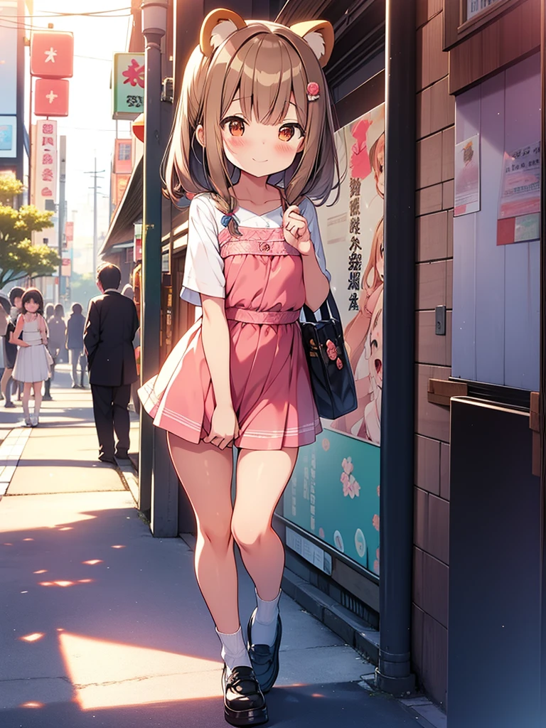 tanuki girl, loli tanuki, kawaii, on a streets of tokyo, sunset, sunbeams, magical lighting, akihabara, in cute short dress, undies visible, panties visible, smiling, blushing, shy pose, kawaii outfit, beautiful hair, looking away Short skirt raised show panties  NSFW 