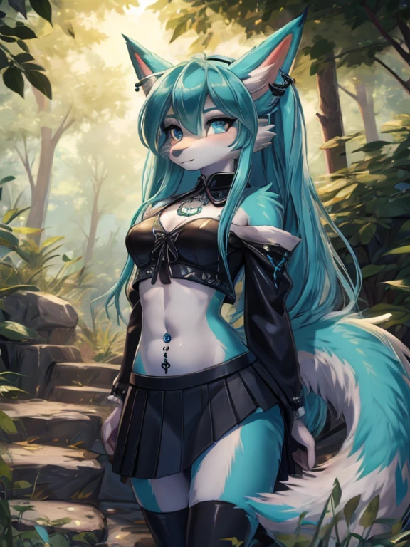 Chica anime, anime style, cute hatsune miku x suicune, shy girl , Orejas de Kitsune, arte de dark natasha, garden landscape, arte de vixen aztra, cuerpo completo, platas hermosas, cintura delgado, caderas amplias, piernas torneadas, hermosa, foto de cuerpo completo, navel blouse, black skirt, navel piercing, ear piercing, navel tattoo, timid pose, back pose, doggy style back pose, 