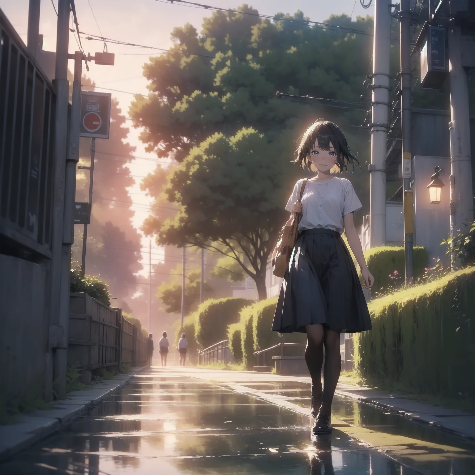 Vast landscape photography、(View from below、Shows the sky above and below)、High resolution、highest quality、Very detailed、makoto shinkai、sunset、Girl in white dress looking sideways、College student with long brown hair、Electric pole、electric wire、Railroad crossing、Lens blur