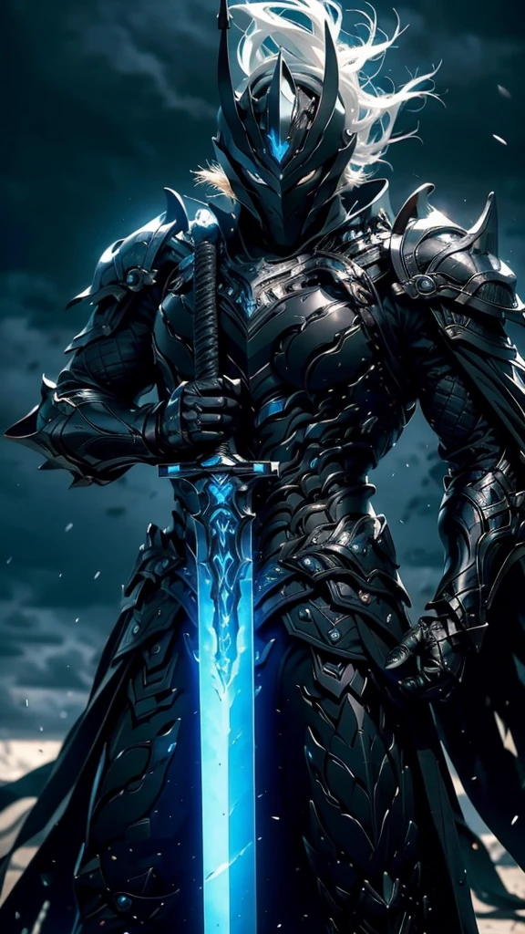 A fierce warrior in full white armor, wearing a large black circle symbol on his chest, wielding a big sword, dynamic battle-ready pose, highly detailed armor textures, sharp sword, dramatic stormy sky background, vivid colors, masterpiece, 8k, photorealistic, chiaroscuro lighting, strong contrast, cinematic composition
