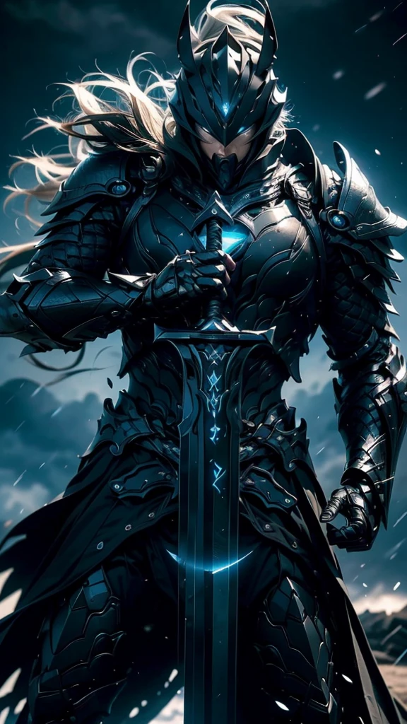 A fierce warrior in full white armor, wearing a large black circle symbol on his chest, wielding a big sword, dynamic battle-ready pose, highly detailed armor textures, sharp sword, dramatic stormy sky background, vivid colors, masterpiece, 8k, photorealistic, chiaroscuro lighting, strong contrast, cinematic composition