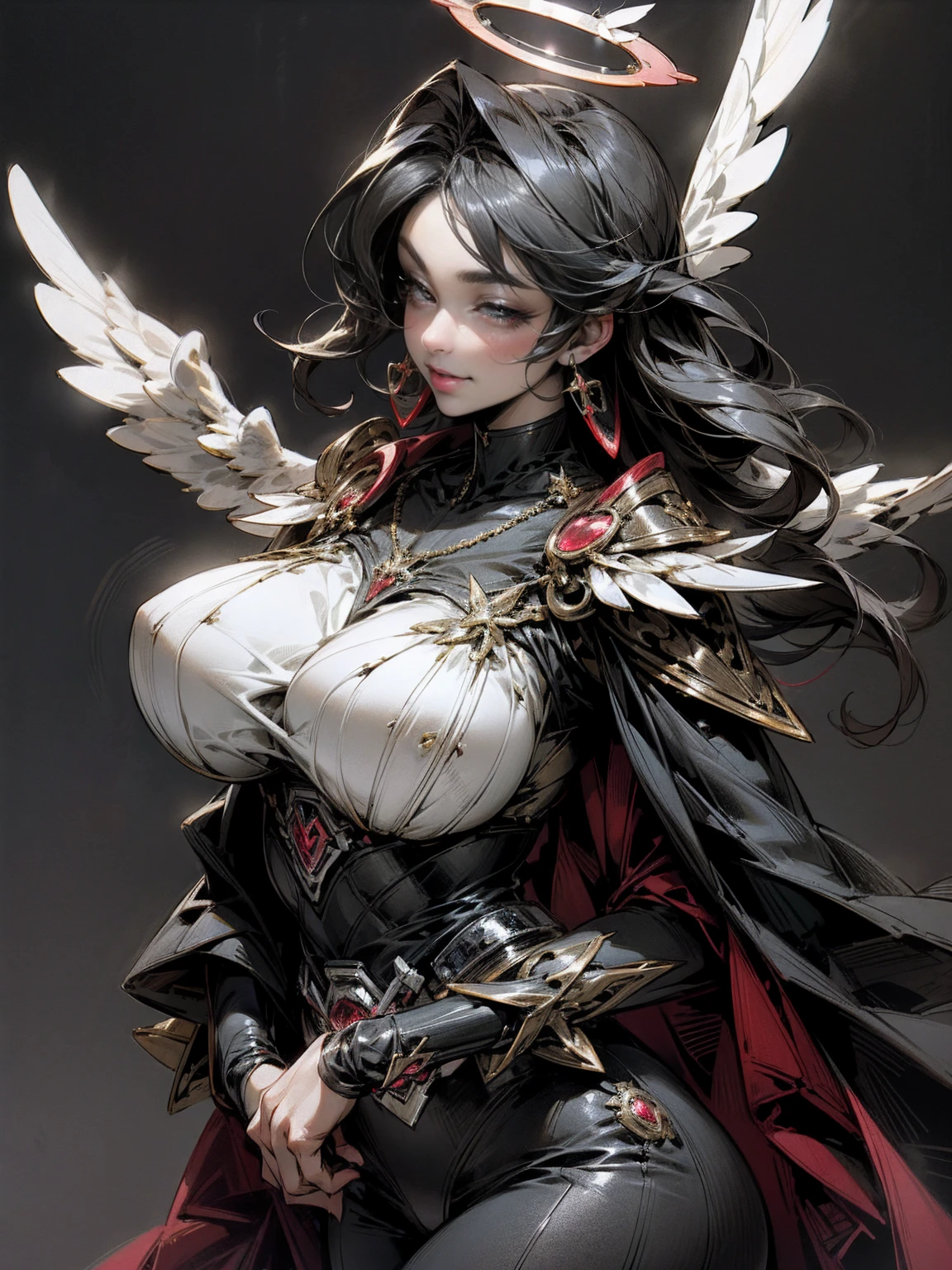 (Kamen rider),(angel lady:1.2),huge feather,halo,light smile,huge huge chest middle age adult lady,red rouge parted lips,jewellery,mafia city background,secretary,beautiful Illustration,High resolution