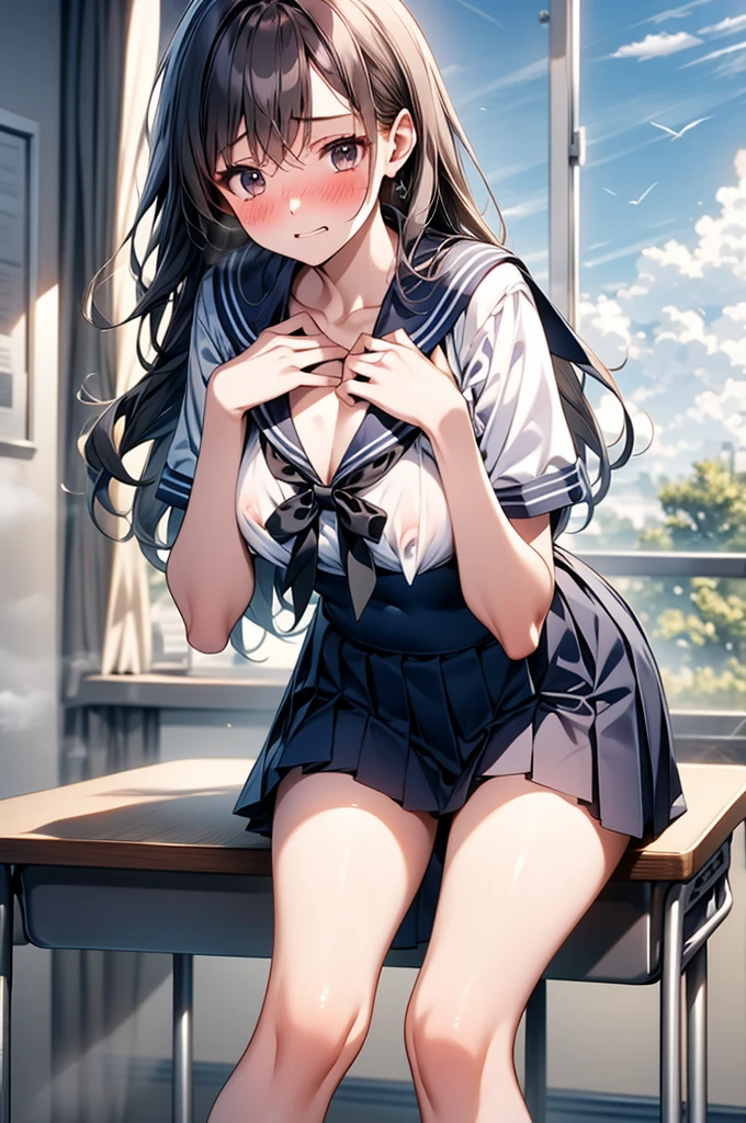 (1 person、solo), Beautiful woman, High definition beautiful black eyes、Anatomically perfect body, (Slender)、(High school girls), (Sailor suit, Pleated skirt), (Pussy juice:1.2), (Look down:1.2), (Embrace your chest:1.2)、Leaning forward、、(highest quality)、Black Hair, (half updo), classroom、(8k, High resolution)、(shy:1.4)、Mid-chest, (steam:1.1), (embarrassed:1.3), show off nipples under shirt、(wide shot), (Inner thighs)