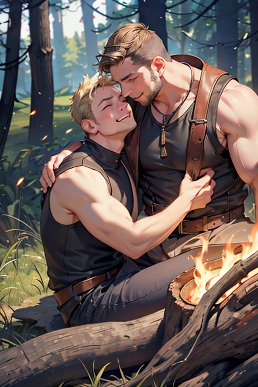 2 men, Photo-realistic. A pleased 24-year-old male, medieval warrior, with shaved blonde hair, stubble, and closed eyes, wearing sleeveless, metal armor, arm around, cuddling, kissing a smiling lovingly, 19-year-old, fit, handsome, medieval man with shaved, brown hair, slight stubble, and closed eyes, wearing sleeveless gray and gold tunic, and tan leather pants. They sit close together on a log, in a wooded field, in front of a campfire, at night. Masculine, sexy, men in love, with big bulging pants.