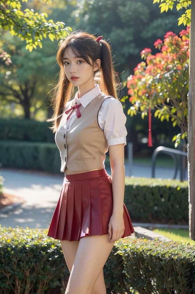 1girl,sawachika eri, detailed face, school uniform, red skirt, puffy short sleeves, vest, front camera(RAW photo, best quality), (realistic, photo-realistic:1.4), masterpiece, an extremely delicate and beautiful, extremely detailed, 2k wallpaper, Amazing, finely detail, extremely detailed CG unity 8k wallpaper, ultra-detailed, highres, soft light, beautiful detailed girl, extremely detailed eyes and face, beautiful detailed nose, beautiful detailed eyes,cinematic lighting,autumn scenery,sunlight,perfect anatomy,slender body ,portrait,blonde hair,twintails,red ribbon