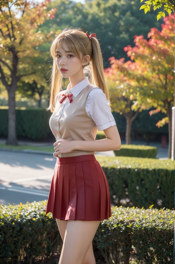 1girl,sawachika eri, detailed face, school uniform, red skirt, puffy short sleeves, vest, front camera(RAW photo, best quality), (realistic, photo-realistic:1.4), masterpiece, an extremely delicate and beautiful, extremely detailed, 2k wallpaper, Amazing, finely detail, extremely detailed CG unity 8k wallpaper, ultra-detailed, highres, soft light, beautiful detailed girl, extremely detailed eyes and face, beautiful detailed nose, beautiful detailed eyes,cinematic lighting,autumn scenery,sunlight,perfect anatomy,slender body ,portrait,blonde hair,twintails,red ribbon