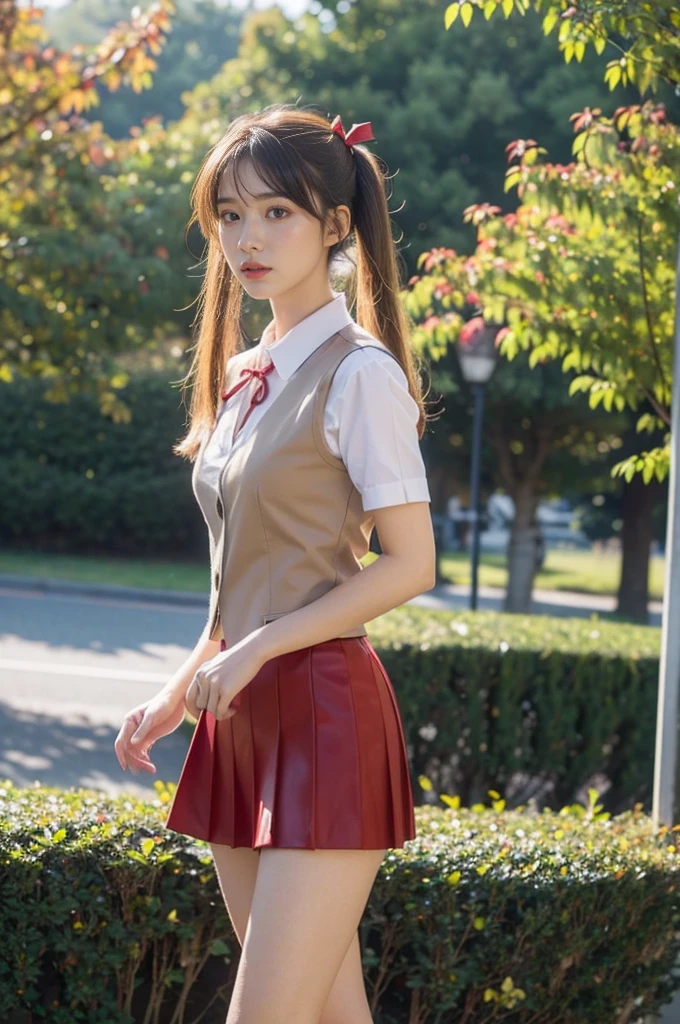 1girl,sawachika eri, detailed face, school uniform, red skirt, puffy short sleeves, vest, front camera(RAW photo, best quality), (realistic, photo-realistic:1.4), masterpiece, an extremely delicate and beautiful, extremely detailed, 2k wallpaper, Amazing, finely detail, extremely detailed CG unity 8k wallpaper, ultra-detailed, highres, soft light, beautiful detailed girl, extremely detailed eyes and face, beautiful detailed nose, beautiful detailed eyes,cinematic lighting,autumn scenery,sunlight,perfect anatomy,slender body ,portrait,blonde hair,twintails,red ribbon