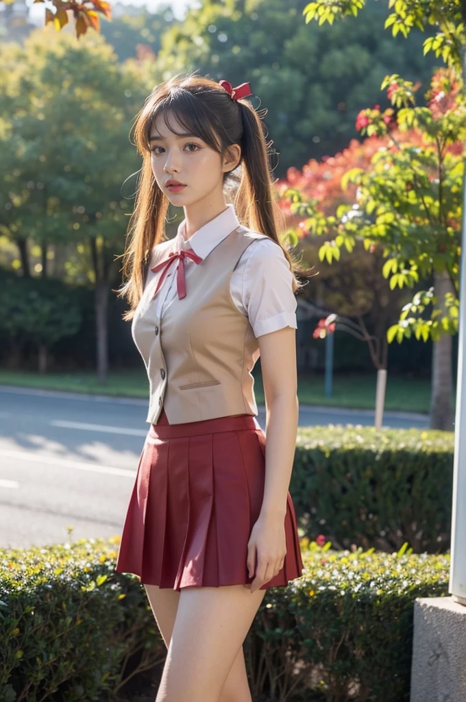 1girl,sawachika eri, detailed face, school uniform, red skirt, puffy short sleeves, vest, front camera(RAW photo, best quality), (realistic, photo-realistic:1.4), masterpiece, an extremely delicate and beautiful, extremely detailed, 2k wallpaper, Amazing, finely detail, extremely detailed CG unity 8k wallpaper, ultra-detailed, highres, soft light, beautiful detailed girl, extremely detailed eyes and face, beautiful detailed nose, beautiful detailed eyes,cinematic lighting,autumn scenery,sunlight,perfect anatomy,slender body ,portrait,blonde hair,twintails,red ribbon