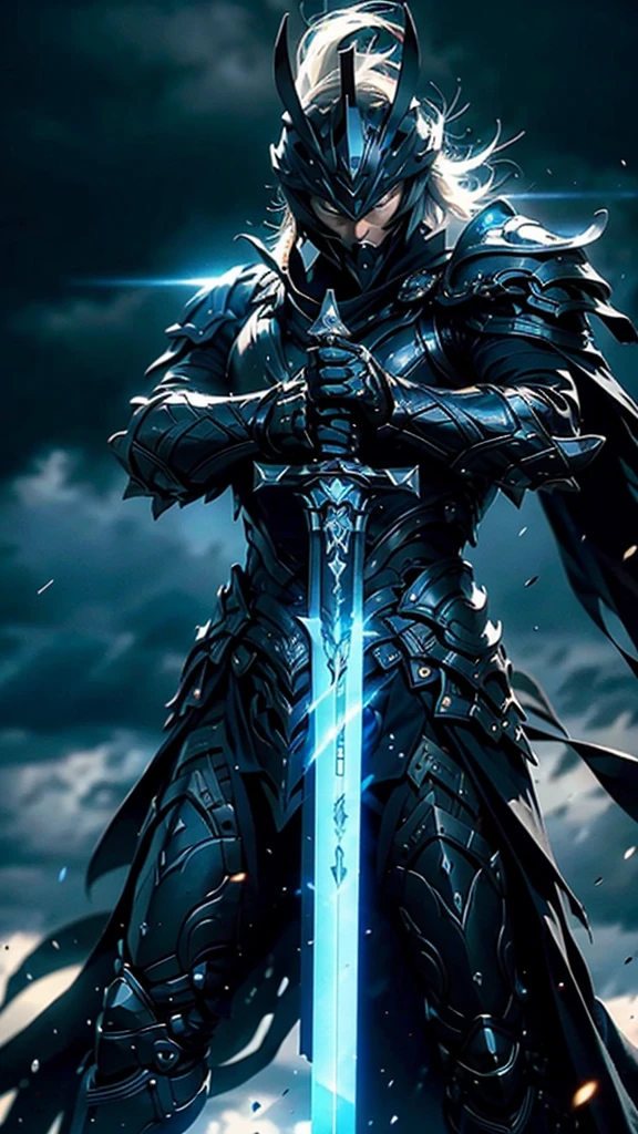 A fierce warrior in full white armor, wearing a large black circle symbol on his chest, wielding a big sword, dynamic battle-ready pose, highly detailed armor textures, sharp sword, dramatic stormy sky background, vivid colors, masterpiece, 8k, photorealistic, chiaroscuro lighting, strong contrast, cinematic composition