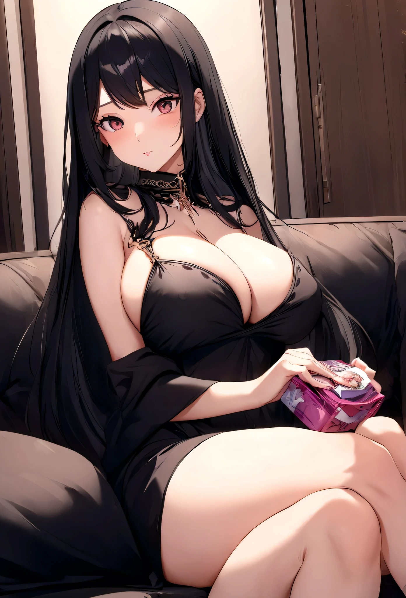 a woman, big breast, long black hair, was in the room, sitting on the sofa carrying a box of condoms, at night, wearing dress