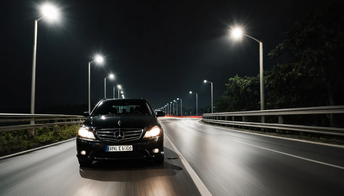 black car driving on the road, facing the camera, ominous night