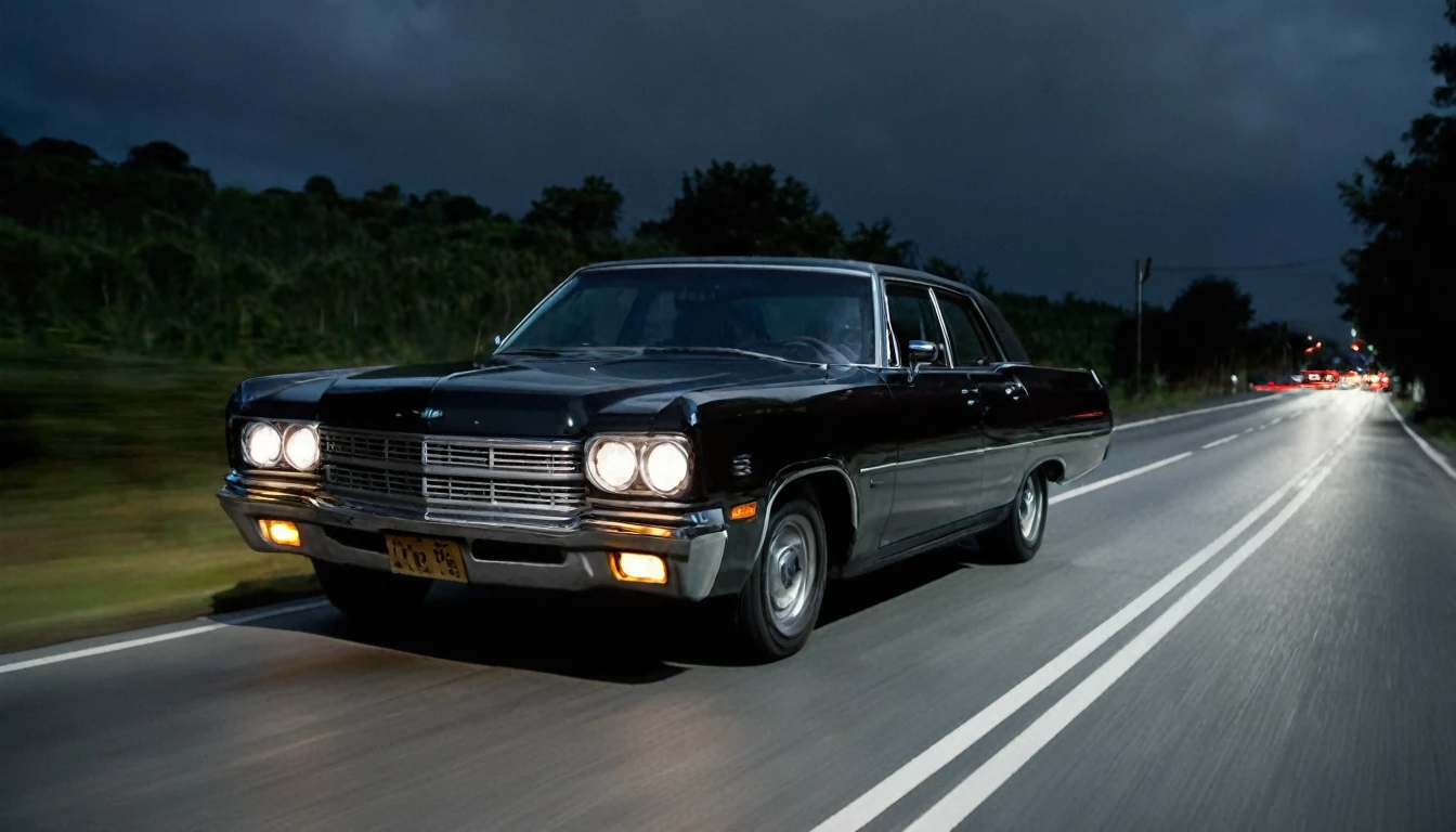 black car driving on the road, facing the camera, ominous night