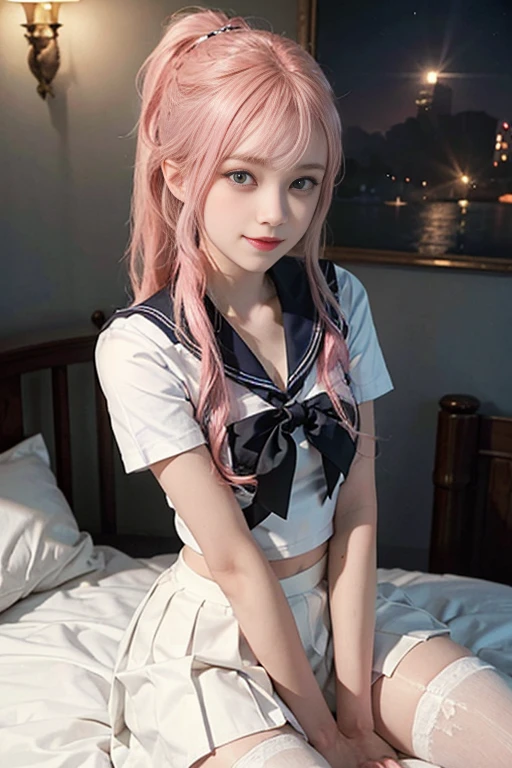 (1 Sexy Woman, Solo, Pink Hair, Ponytail, Bung, Sailor Uniform, High School Student, Sitting, arms up, cowgirl position, Smile:1.4), top-quality, ultra-detailliert, masterpiece, realisitic, (Detailed Eyes, Beautiful Eyes, glossy lip, cleavage:1.2), (Short sleeve uniform white shirt, Mini Pleated Skirt, White stockings:1.3), (Extremely-Close-up:1.3), (In The Bed Room At Night), ((anatomically correct)), (Futuristic Portrait), The beginning of a romantic love, 1 girl only, Shining ultra high resolution beautiful skin, Rim Lighting, Cinematic Light, Look at viewer, no futuro telhado de luz neon, SSCI - FI e Fantasia, intrincado e muito bonito e elegante, altamente detalhado, pintura digital, art-station, arte conceitual, smooth and sharp focus, illustration, Arte de Tan Zi e Ayanamikodon e Alphonse Mucha e Wlop,Small breasts,Flat Chest,Small Bust,Small hips,Small waist,
