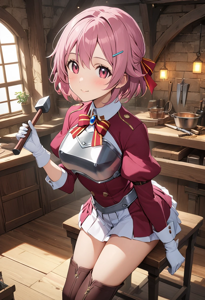 highest quality、unity 8k wallpaper、32k、masterpiece、Very detailed、Ultra-high resolution、　Magical Smith Lisbeth、lisbeth (sao)、Pink Short Hair、Puff sleeves、Shoulder rest、Silver Breastplate、Pleated skirt、Long gloves、Thigh-high stiletto boots、A large ribbon with a large brooch on the chest、Hair Clip、Hair Ribbon、Hold the magical hammer in one hand、Smithy Table