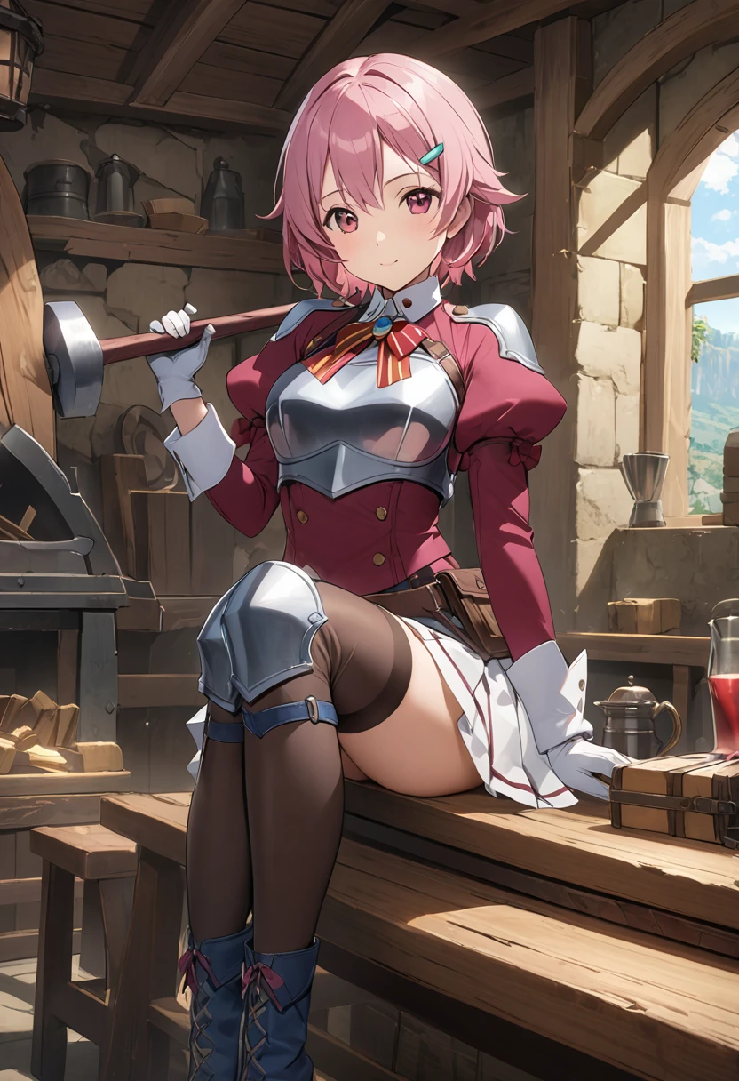 highest quality、unity 8k wallpaper、32k、masterpiece、Very detailed、Ultra-high resolution、　Magical Smith Lisbeth、lisbeth (sao)、Pink Short Hair、Puff sleeves、Shoulder rest、Silver Breastplate、Pleated skirt、Long gloves、Thigh-high stiletto boots、A large ribbon with a large brooch on the chest、Hair Clip、Hair Ribbon、Hold the magical hammer in one hand、Smithy Table