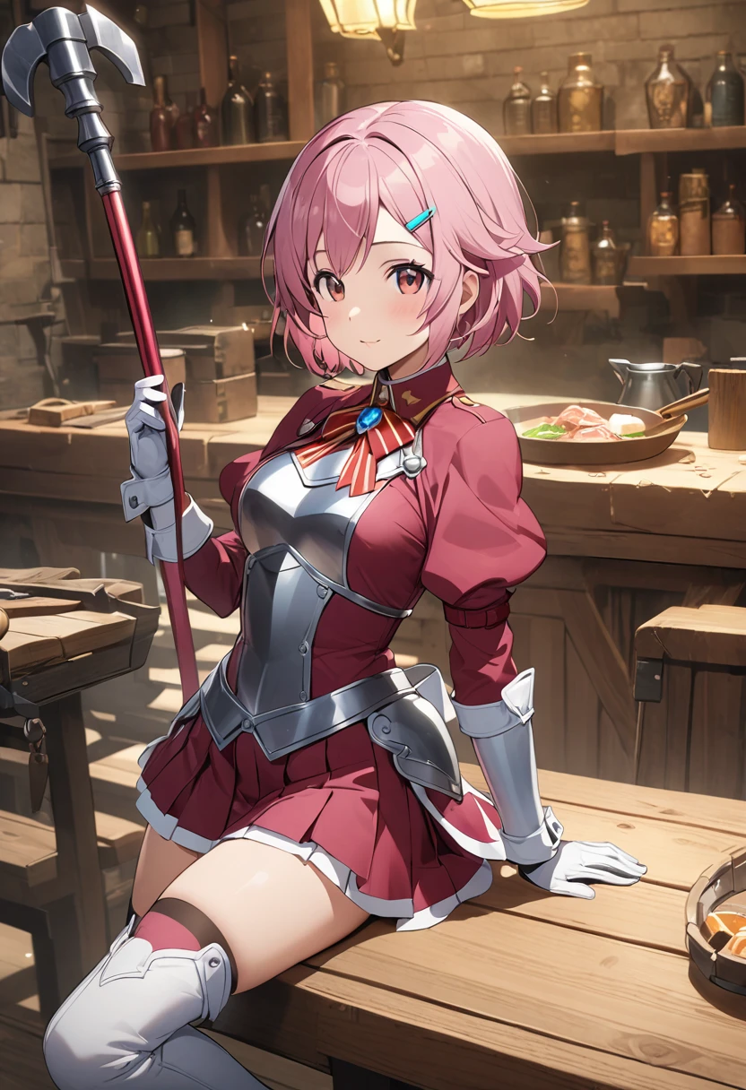 highest quality、unity 8k wallpaper、32k、masterpiece、Very detailed、Ultra-high resolution、　Magical Smith Lisbeth、lisbeth (sao)、Pink Short Hair、Puff sleeves、Shoulder rest、Silver Breastplate、Pleated skirt、Long gloves、Thigh-high stiletto boots、A large ribbon with a large brooch on the chest、Hair Clip、Hair Ribbon、Hold the magical hammer in one hand、Smithy Table