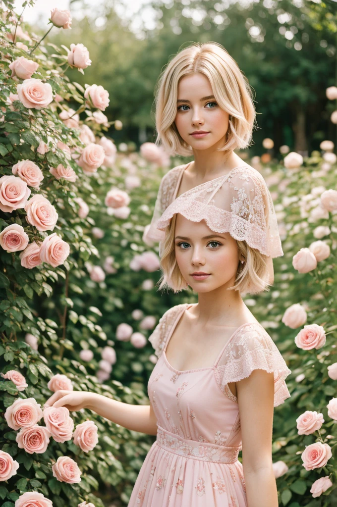 8k, RAW photo, Fujifilm, style photo of a beautiful young woman as avril in a garden of light pink roses (highly detailed skin: 1.2) Style-Petal BREAK short hair, blonde hair with colored locks, wearing a dress, film granulation, 35mm, cute style