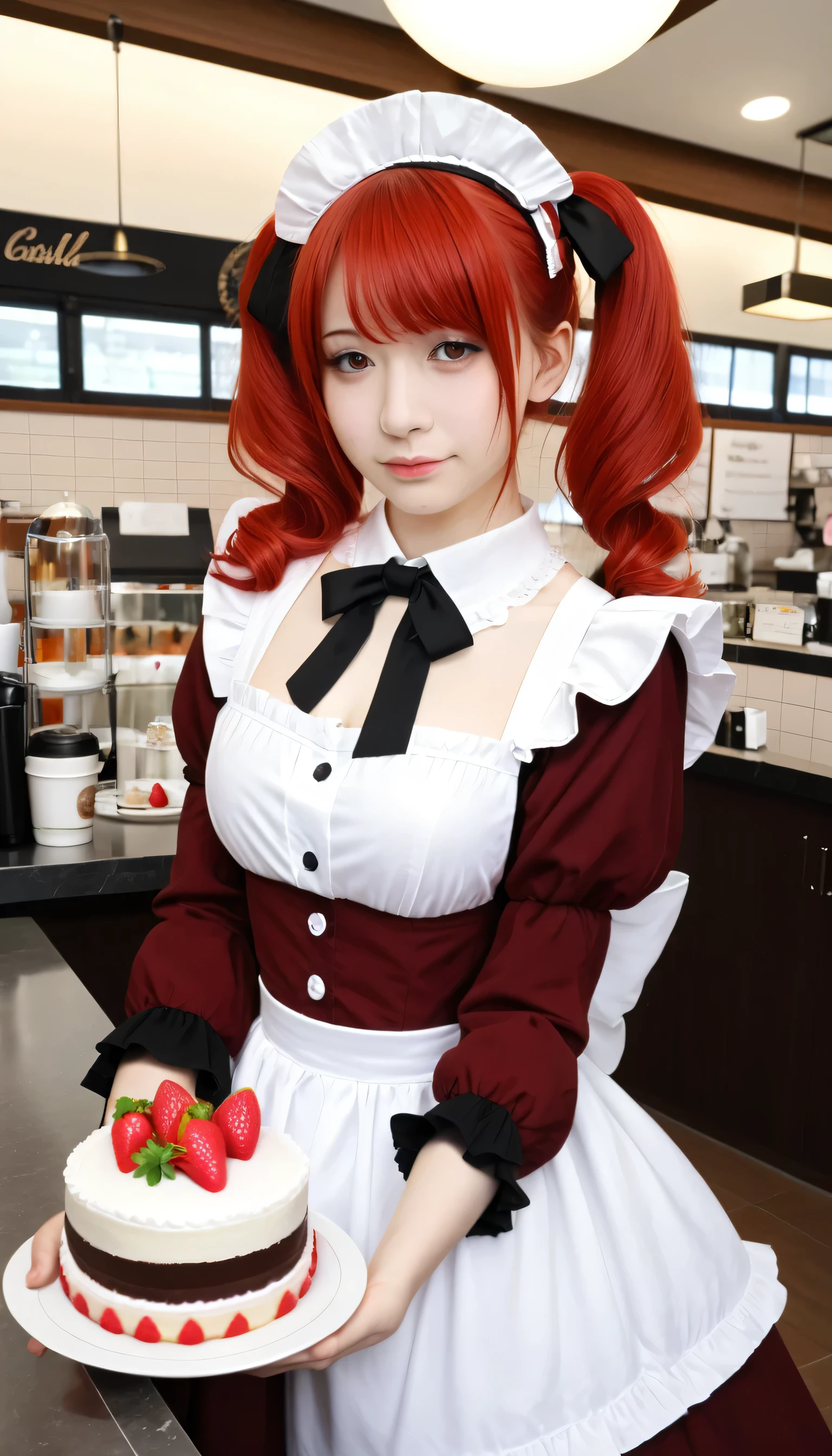 Promotional photo, the place is a coffee shop, 1 girl, -yeld fa waitress carrying cake to the table, red-haired twin tails, gentle face, half costume of gothic lolita and maid costume with the image of strawberries, clothes based on white,