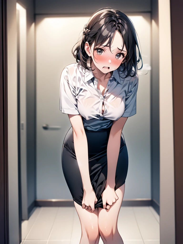(1 person、solo), Beautiful woman, (high definition beautiful eyes), Anatomically perfect body, Slender、(OL, Short sleeve blouse),(Pencil Skirt、Pull the skirt down with both hands:1.3), ( juice:1.2)、(Leaning forward、Look down:1.2), 20-year-old、(highest quality)、Black Hair, (half updo)、(8k, High resolution)、(shy:1.2)、Mid-chest, (steam:1.1), (embarrassed:1.2), Erectleultigles、(Inner thighs), wide shot