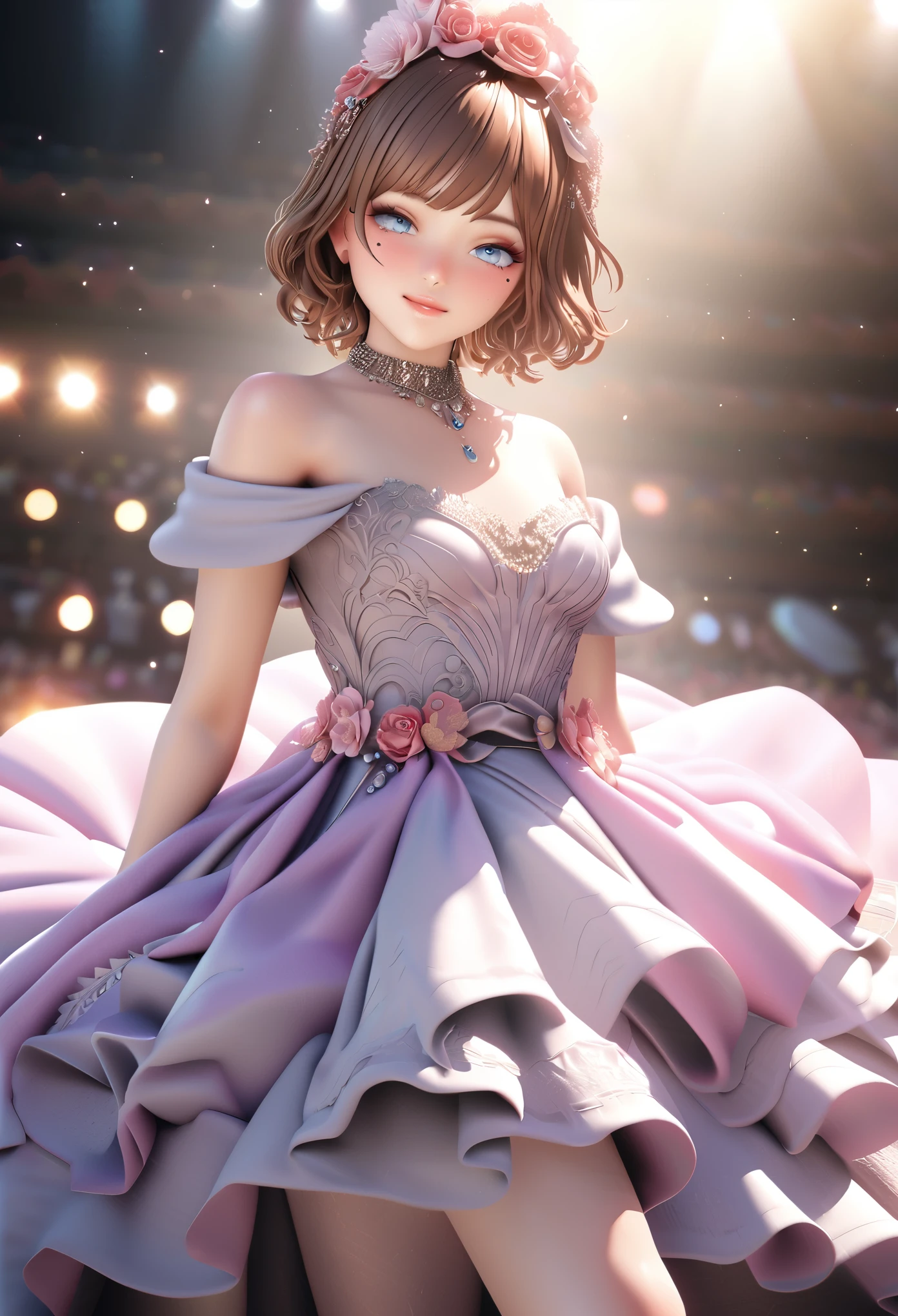 One girl, looking at the audience,
beautiful blue eyes, brown short hair, mole under eye, plump glossy lips, heart shaped choker, idol, smiling, . . . . 3D, realistic,
princess dress with too many frills, draped clothes, jewels, embellishments stripped away, floral patterns, lace trim, bright stage,
masterpiece, best quality, 8k, detailed skin texture, detailed fabric texture, beautifully detailed face, intricate details, highly detailed,
ultra high resolution, 8K Ultra HD, film grain, best shadows, delicate, looking at the audience, front