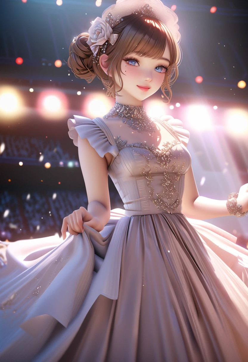One girl, looking at the audience,
beautiful blue eyes, brown short hair, mole under eye, plump glossy lips, heart shaped choker, idol, smiling, . . . . 3D, realistic,
princess dress with too many frills, draped clothes, jewels, embellishments stripped away, floral patterns, lace trim, bright stage,
masterpiece, best quality, 8k, detailed skin texture, detailed fabric texture, beautifully detailed face, intricate details, highly detailed,
ultra high resolution, 8K Ultra HD, film grain, best shadows, delicate, looking at the audience, front