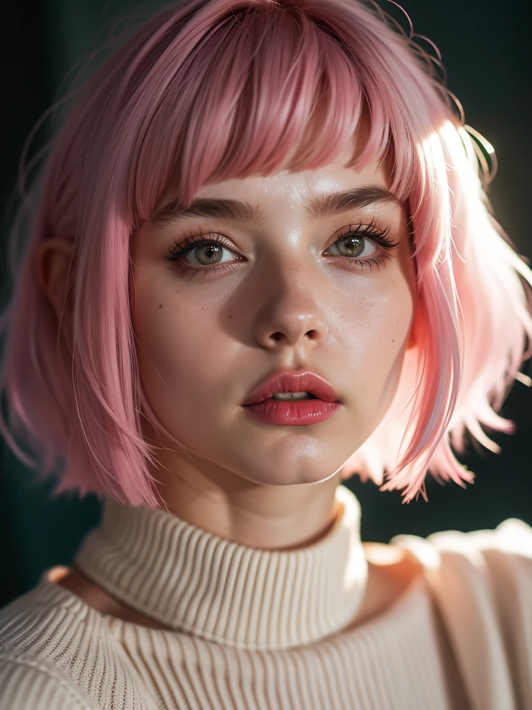 Instagram Photos, Russia woman, 21 years old, square hair cut,pink Hair, Close-up portrait, sweater, Neckline, pale, Sharp Shadow