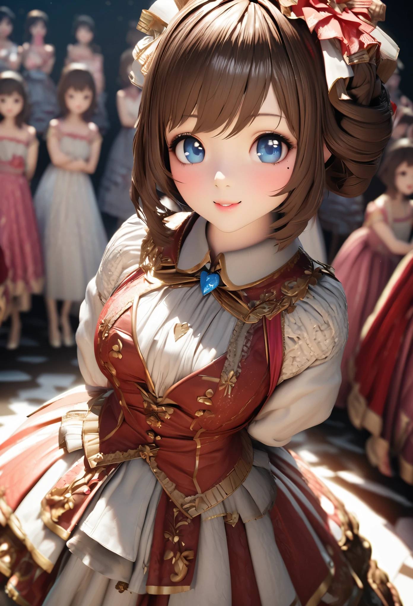One Girl、Looking at the audience、
Beautiful Blue Eyes、Brown short hair、Mole under the eye、Plump and glossy lips、Heart-shaped choca、Idol、smile、ー、。.。.。.。.。.。.。.。.。.。.。.。.。.。.。.。.。.。.3D、Realistic、
Princess dress with too many frills、Drape clothes、gem、The decoration has been removed、Floral、Lace trim、bright stage、
masterpiece、highest quality、8k、Detailed skin texture、Detailed cloth texture、Beautifully detailed face、Intricate details、Very detailed、
超A high resolution、8K Ultra HD、Film Grain、Best Shadow、delicate、Staring at the audience、front