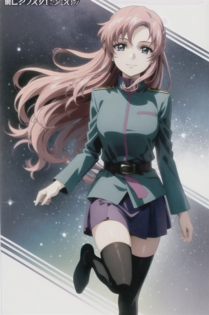 masterpiece, best quality, anime official art, 1girl, lacus clyne, pink hair, long hair, pale cerulean eyes, military uniform, long sleeves, belt, black skirt, green thighhighs, full body, evil smile