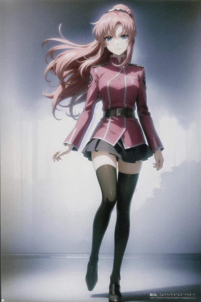 masterpiece, best quality, anime official art, 1girl, lacus clyne, pink hair, long hair, pale cerulean eyes, military uniform, long sleeves, belt, black skirt, green thighhighs, full body, evil smile