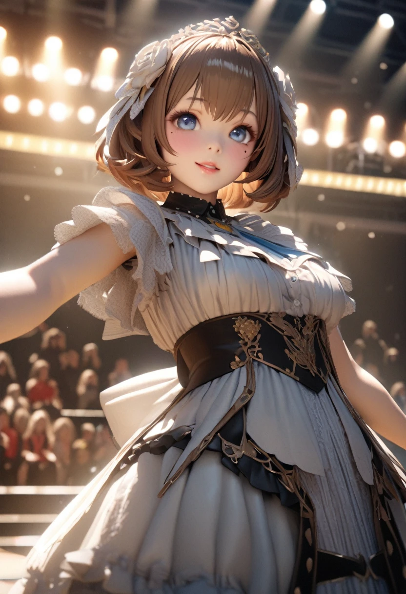 One Girl、Looking at the audience、
Beautiful Blue Eyes、Brown short hair、Mole under the eye、Plump and glossy lips、Heart-shaped choca、Idol、smile、ー、。.。.。.。.。.。.。.。.。.。.。.。.。.。.。.。.。.。.3D、Realistic、
Princess dress with too many frills、Drape clothes、gem、The decoration has been removed、Floral、Lace trim、bright stage、
masterpiece、highest quality、8k、Detailed skin texture、Detailed cloth texture、Beautifully detailed face、Intricate details、Very detailed、
超A high resolution、8K Ultra HD、Film Grain、Best Shadow、delicate、Staring at the audience、front
