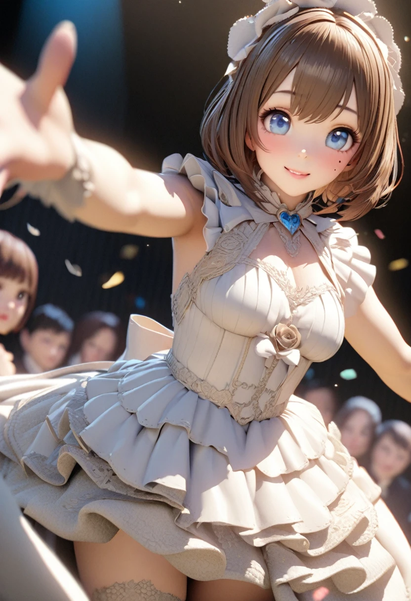 One Girl、Looking at the audience、
Beautiful Blue Eyes、Brown short hair、Mole under the eye、Plump and glossy lips、Heart-shaped choca、Idol、smile、ー、。.。.。.。.。.。.。.。.。.。.。.。.。.。.。.。.。.。.3D、Realistic、
Princess dress with too many frills、Drape clothes、gem、The decoration has been removed、Floral、Lace trim、bright stage、
masterpiece、highest quality、8k、Detailed skin texture、Detailed cloth texture、Beautifully detailed face、Intricate details、Very detailed、
超A high resolution、8K Ultra HD、Film Grain、Best Shadow、delicate、Staring at the audience、front
