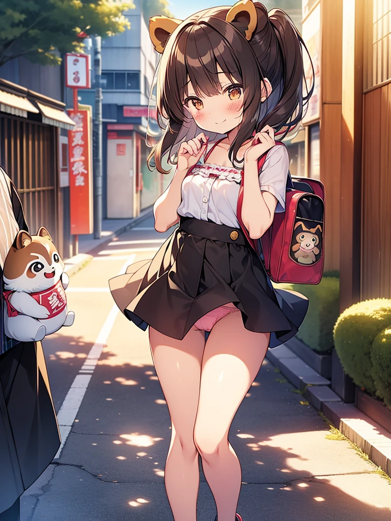 tanuki girl, loli tanuki, kawaii, on a streets of tokyo, sunset, sunbeams, magical lighting, akihabara, in cute short dress, undies visible, panties visible, smiling, blushing, shy pose, kawaii outfit, beautiful hair, looking away Short skirt raised show panties  NSFW 