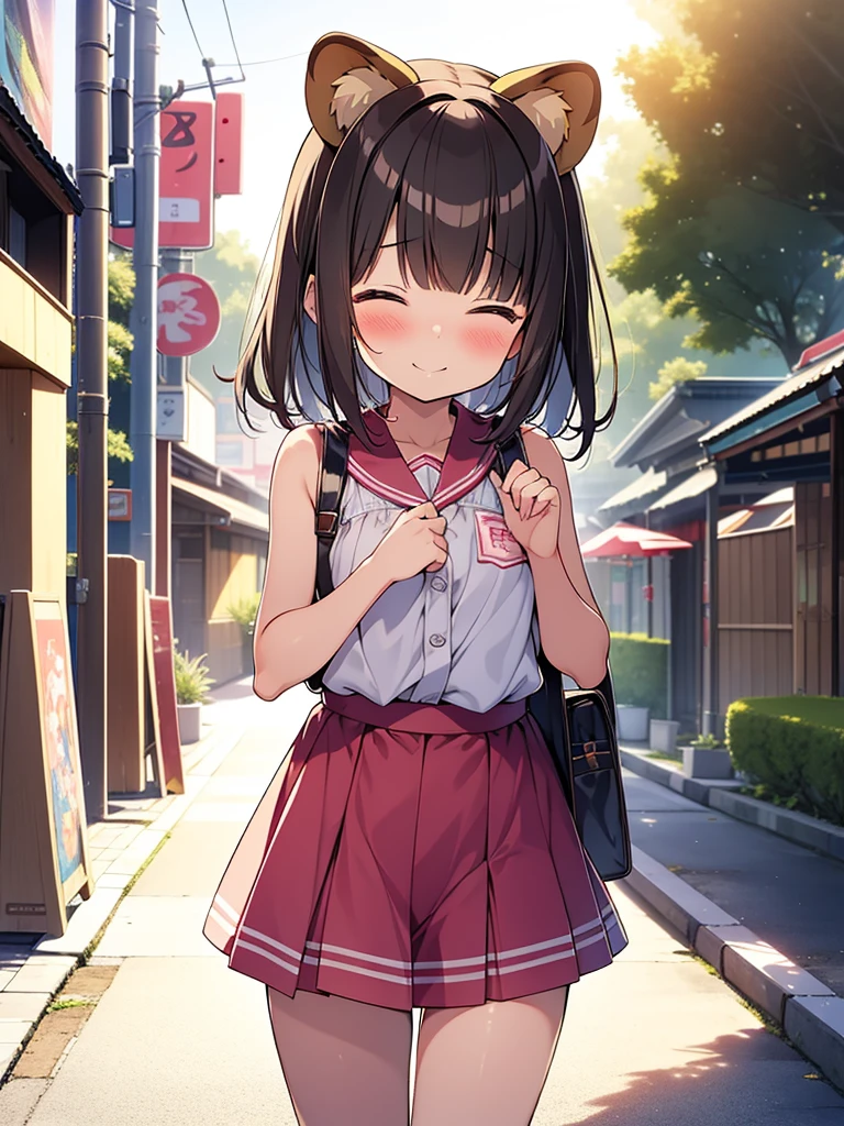 tanuki girl, loli tanuki, kawaii, on a streets of tokyo, sunset, sunbeams, magical lighting, akihabara, in cute short dress, undies visible, panties visible, smiling, blushing, shy pose, kawaii outfit, beautiful hair, looking away Short skirt raised show panties NSFW