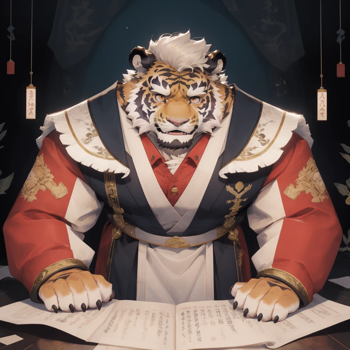 masterpiece, best quality, 8k resolution, Very detailed, hairy,tiger,calm,Strong,male,white hair,short hair,Golden Eyes,Opera Costumes,Peking Opera,Hanfu,Detailed facial depiction,Highest quality scenes,whole body,permanent,male,August,solitary,