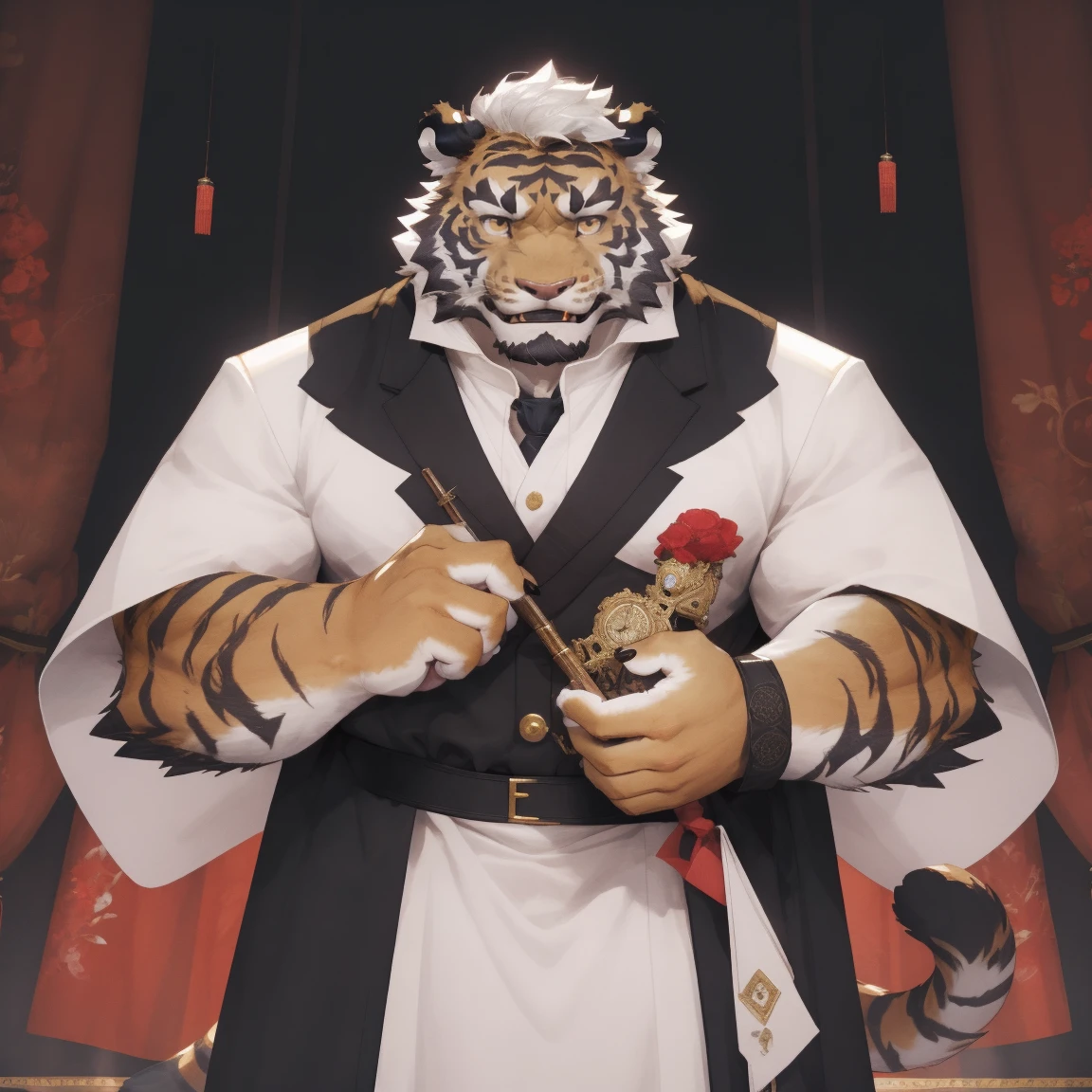 masterpiece, best quality, 8k resolution, Very detailed, hairy，tiger，calm，Strong，male，white hair，short hair，Golden Eyes，Opera Costumes，Peking Opera，Hanfu，Detailed facial depiction，Highest quality scenes，whole body，permanent，male，August，solitary，