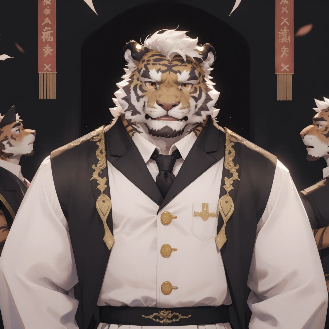 masterpiece, best quality, 8k resolution, Very detailed, hairy，tiger，calm，Strong，male，white hair，short hair，Golden Eyes，Opera Costumes，Peking Opera，Hanfu，Detailed facial depiction，Highest quality scenes，whole body，permanent，male，August，solitary，