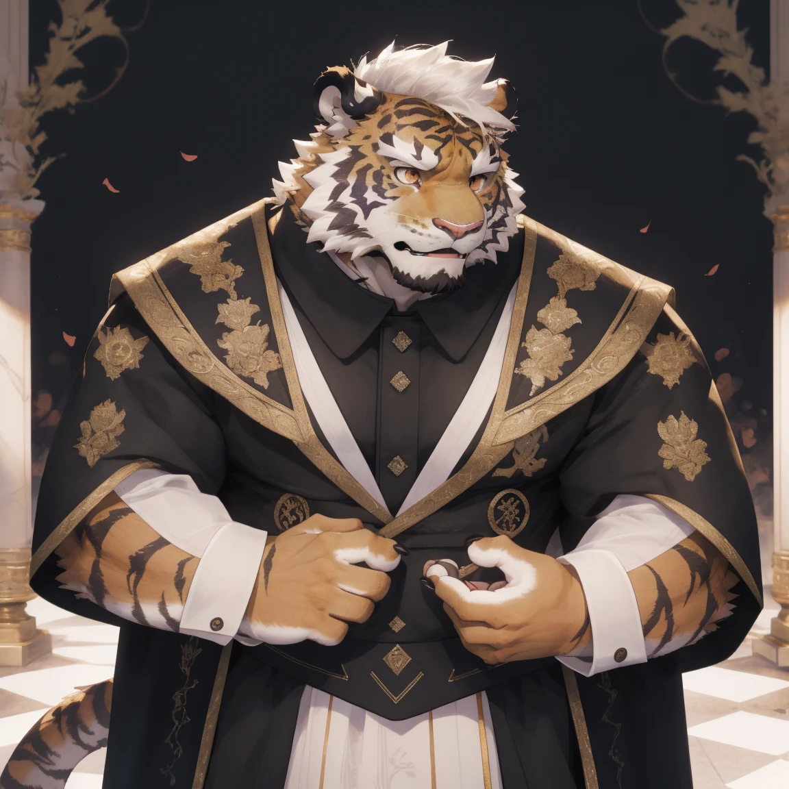 masterpiece, best quality, 8k resolution, Very detailed, hairy,tiger,calm,Strong,male,white hair,short hair,Golden Eyes,Opera Costumes,Peking Opera,Hanfu,Detailed facial depiction,Highest quality scenes,whole body,permanent,male,August,solitary,