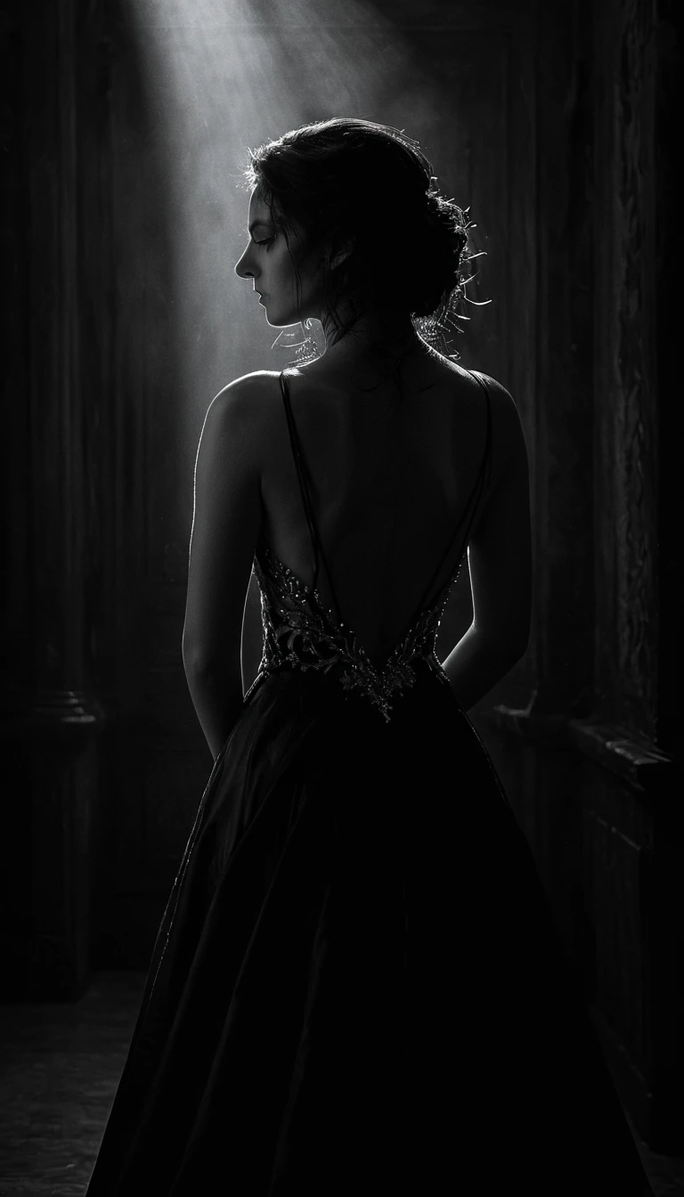 (best quality,4k,8k,highres,masterpiece:1.2),ultra-detailed,(realistic,photorealistic,photo-realistic:1.37),black and white photography, dark, underexposed, beautiful woman, back view,long ball gown,deep slit on the back,beautiful,sensual,mysterious,head down,long dark hair,full figure,full body photo, stuidio photography, studio light