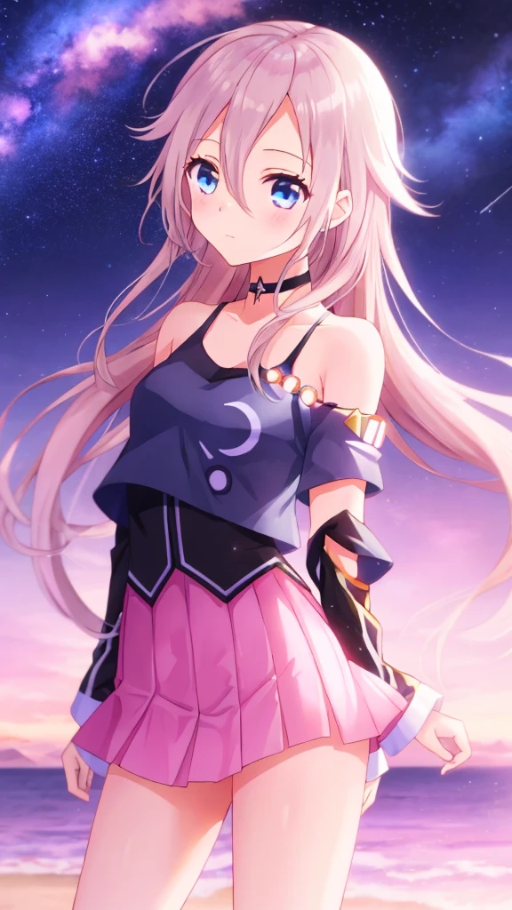 one girl, IA, Vocaloid, CeVIO AI, short skirt, black shirt, off shoulder, choker, beauty, starry sky, mysterious girl, close to girl, Aria on the Planetes, slender, cool, cowboy shot, cute