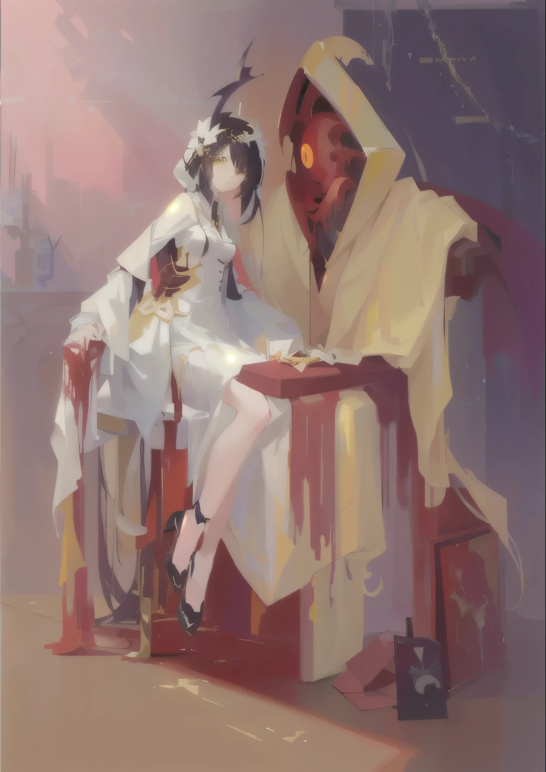 A woman sitting on a chair in the painting，Next to him is the Cthulhu character, the Lord in Yellow, Zero Art, Produced in collaboration with Anime Painter Studio, bloody + concept art, author：JoWOnder, In the anime painter studio, Albedo from overlord, full resolution, Pixiv competition winner, By New Art, Similar to the style of cytus and deemo, Albedo