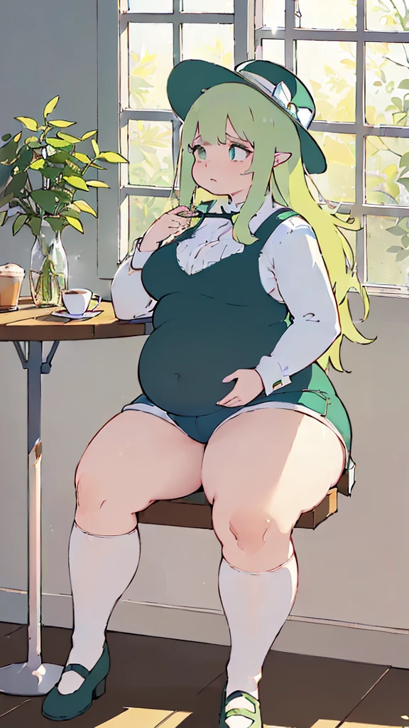 (flat:1.5),(cafe, window, sunlight, table, chair, sedentary:1.5) (big ass, thick thighs:0.7), (warm light source:1.2), intricate details, volumetric lighting, Realism BREAK(masterpiece:1.2), (top quality), 4K, ultra detail, (Dynamic configuration:1.4), Very detailed and colorful details,(rainbow colors:1.2), (shining lights, atmospheric lighting), dreamy, magical, (alone:1.2), intricate details, cheeky expression, (big breasts:1.5), (green eyes:1.5), (a devastated expression, dead eyes, dark atmosphere:1.5), (Green long hair:1.5), (shoes, buttoned dress shirt, Small hat,Small and tight denim shorts:1.5), (chubby, thick thighs,thick ass:1.5), (beautiful eyes, flushing:1.5),(human ear,thin legs:1.5),(chair에 sedentary, diagonal shot:1.5), (embarrassing:1.5),(diagonal shot:1.5)