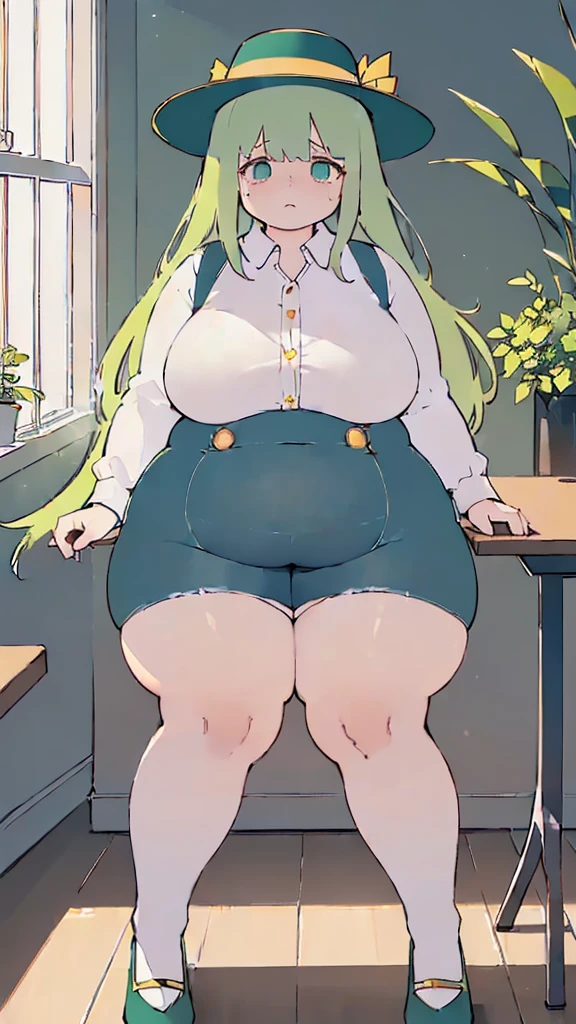 (flat:1.5),(cafe, window, sunlight, table, chair, sedentary:1.5) (big , thick thighs:0.7), (warm light source:1.2), intricate details, volumetric lighting, Realism BREAK(masterpiece:1.2), (top quality), 4K, ultra detail, (Dynamic configuration:1.4), Very detailed and colorful details,(rainbow colors:1.2), (shining lights, atmospheric lighting), dreamy, magical, (alone:1.2), intricate details, cheeky expression, (:1.5), (green eyes:1.5), (a devastated expression, dead eyes, dark atmosphere:1.5), (Green long hair:1.5), (shoes, buttoned dress shirt, Small hat,Small and tight denim shorts:1.5), (chubby, thick thighs,thick :1.5), (beautiful eyes, flushing:1.5),(human ear,thin legs:1.5),(chair에 sedentary, diagonal shot:1.5), (embarrassing:1.5),(diagonal shot:1.5)