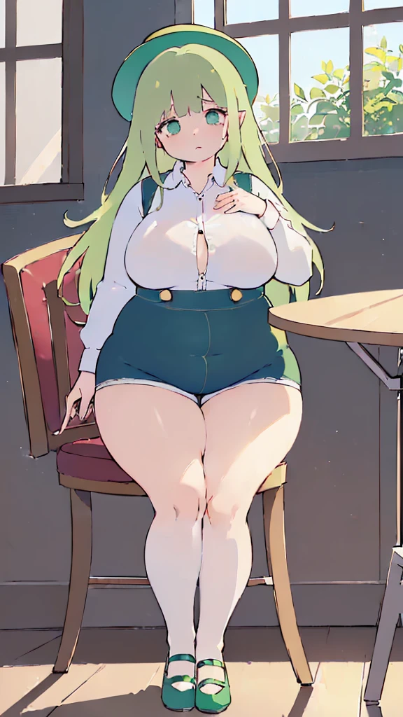 (flat:1.5),(cafe, window, sunlight, table, chair, sedentary:1.5) (big ass, thick thighs:0.7), (warm light source:1.2), intricate details, volumetric lighting, Realism BREAK(masterpiece:1.2), (top quality), 4K, ultra detail, (Dynamic configuration:1.4), Very detailed and colorful details,(rainbow colors:1.2), (shining lights, atmospheric lighting), dreamy, magical, (alone:1.2), intricate details, cheeky expression, (big breasts:1.5), (green eyes:1.5), (a devastated expression, dead eyes, dark atmosphere:1.5), (Green long hair:1.5), (shoes, buttoned dress shirt, Small hat,Small and tight denim shorts:1.5), (chubby, thick thighs,thick ass:1.5), (beautiful eyes, flushing:1.5),(human ear,thin legs:1.5),(chair에 sedentary, diagonal shot:1.5), (embarrassing:1.5),(diagonal shot:1.5)