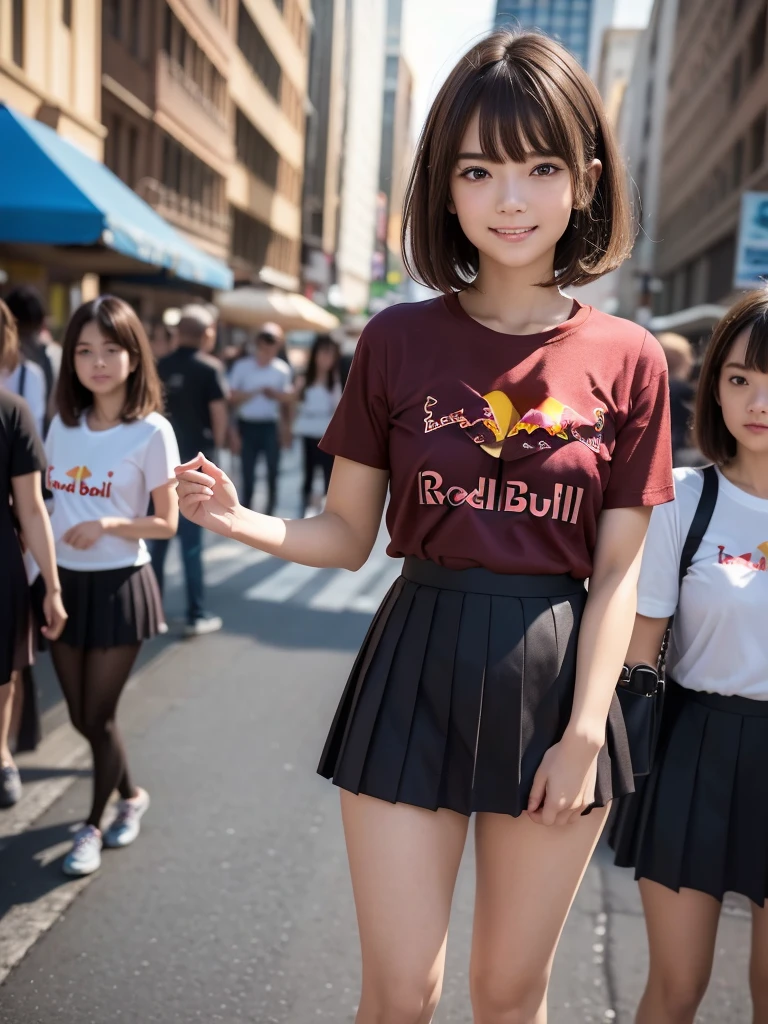 (8k, RAW Photos, highest quality, masterpiece:1.2), (Realistic, photo-Realistic:1.4), (Highly detailed 8k wallpaper), ((Full Body Shot)), (1 girl), Sharp focus, Depth of written boundary, Cinematic lighting, Soft Light, 緻密な美しさのeye, eye_Chan, Very beautiful girl, innocent big eyes, Realistic, photo Realistic, Highly detailed cute girl, (Thin thighs), (Model Body Type), 18-year-old, (((Red Bull T-shirt))), ((Micro Mini Pleated Skirt)), (((Fold your arms in front of your chest and act arrogantly))), ((A happy smile)), Parted lips, Watching the audience, (On the streets of New York) , (Brown Hair),(Short Bob Hair), (Asymmetrical bangs)