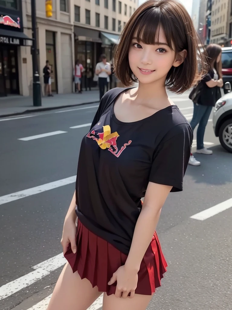 (8k, RAW Photos, highest quality, masterpiece:1.2), (Realistic, photo-Realistic:1.4), (Highly detailed 8k wallpaper), ((Full Body Shot)), (1 girl), Sharp focus, Depth of written boundary, Cinematic lighting, Soft Light, 緻密な美しさのeye, eye_Chan, Very beautiful girl, innocent big eyes, Realistic, photo Realistic, Highly detailed cute girl, (Thin thighs), (Model Body Type), 18-year-old, (((Red Bull T-shirt))), ((Micro Mini Pleated Skirt)), (((Fold your arms in front of your chest and act arrogantly))), ((A happy smile)), Parted lips, Watching the audience, (On the streets of New York) , (Brown Hair),(Short Bob Hair), (Asymmetrical bangs)